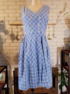 Vintage 1950s Blue White Lattice Grid Double Breasted Cotton Sundress Small